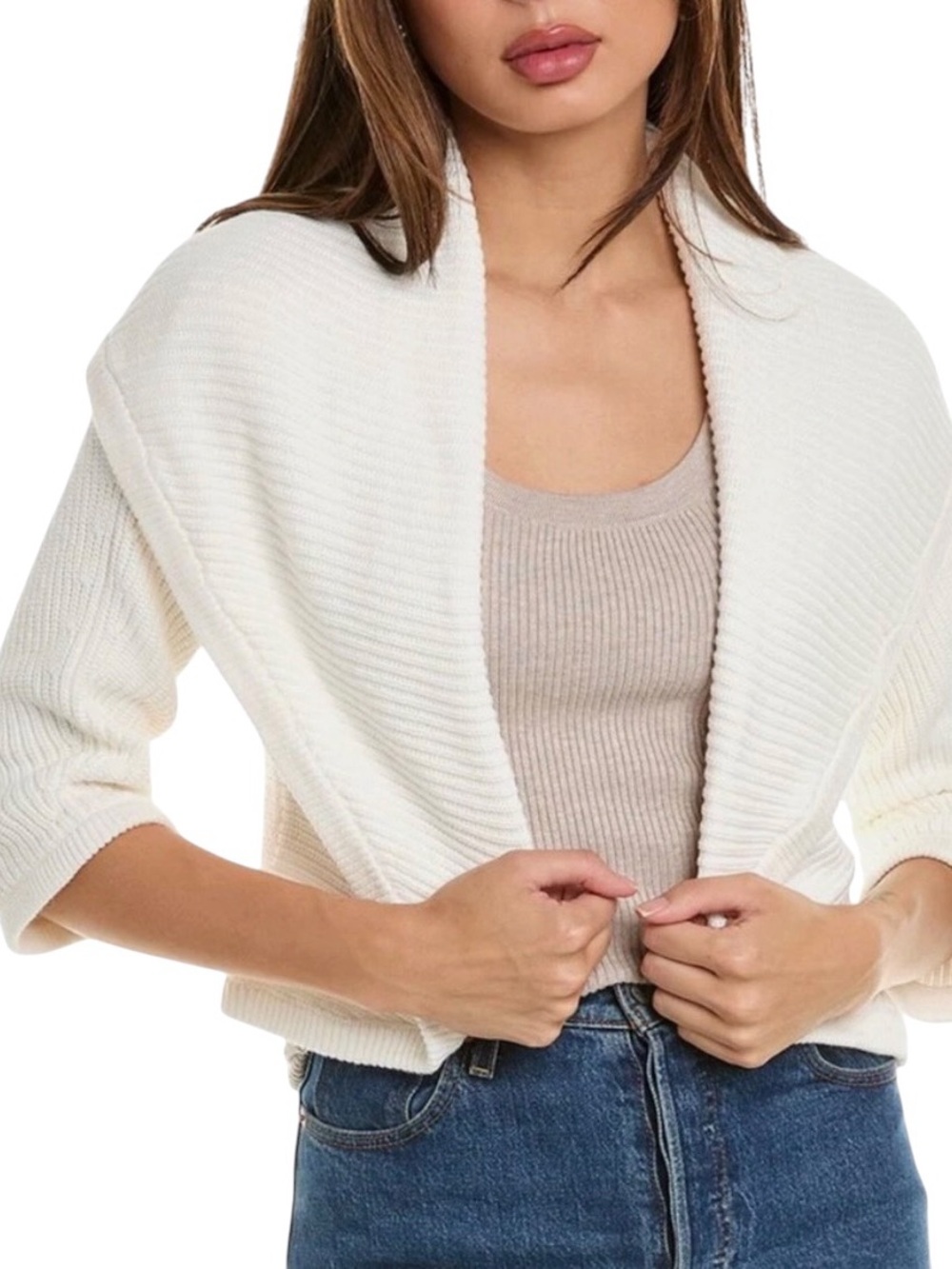 Cabi Cropped Cream Ribbed Shawl-Collar Cardigan open front size medium